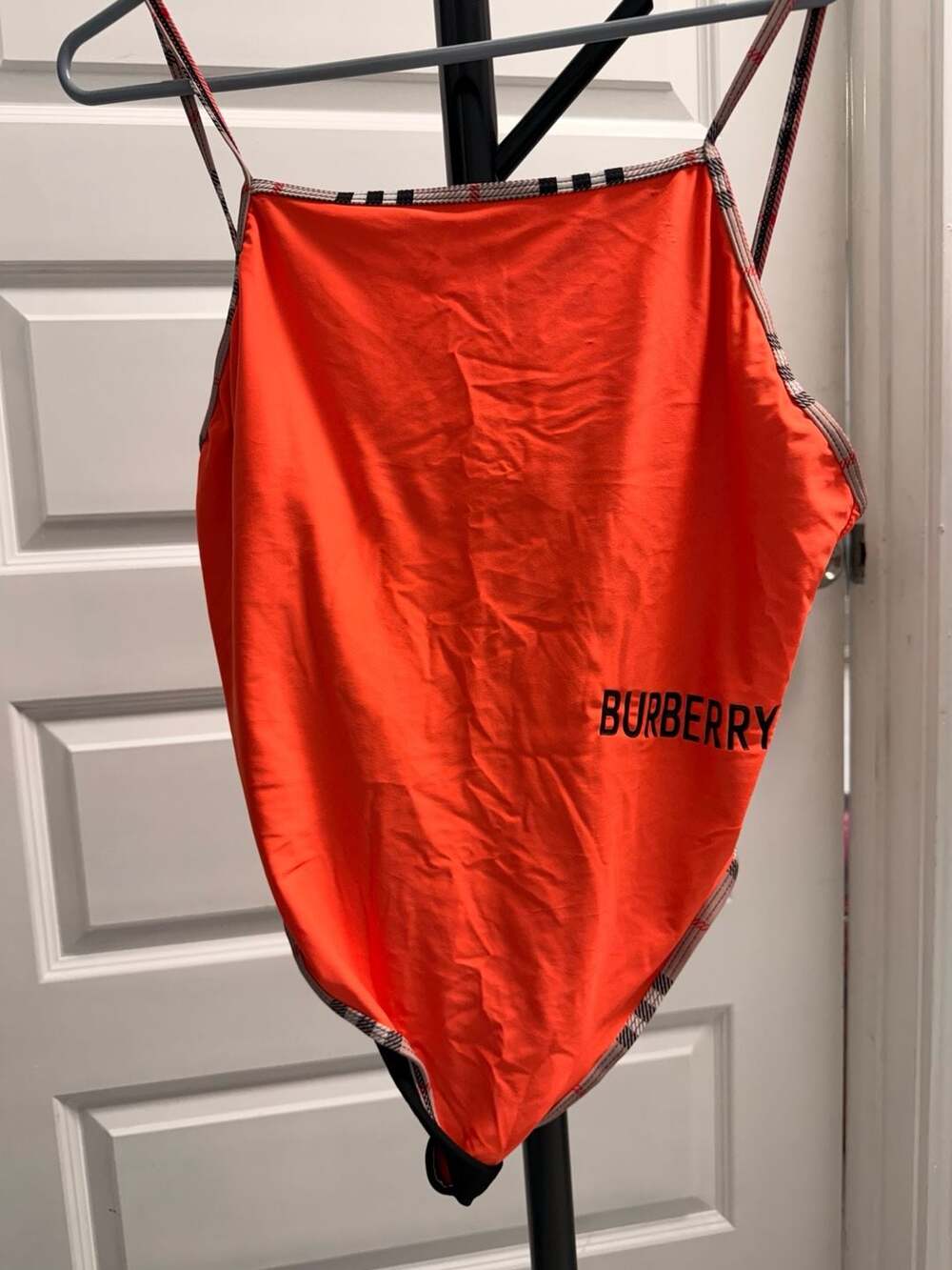 Burberry Logo Print Plaid Trim Bodysuit Size XL